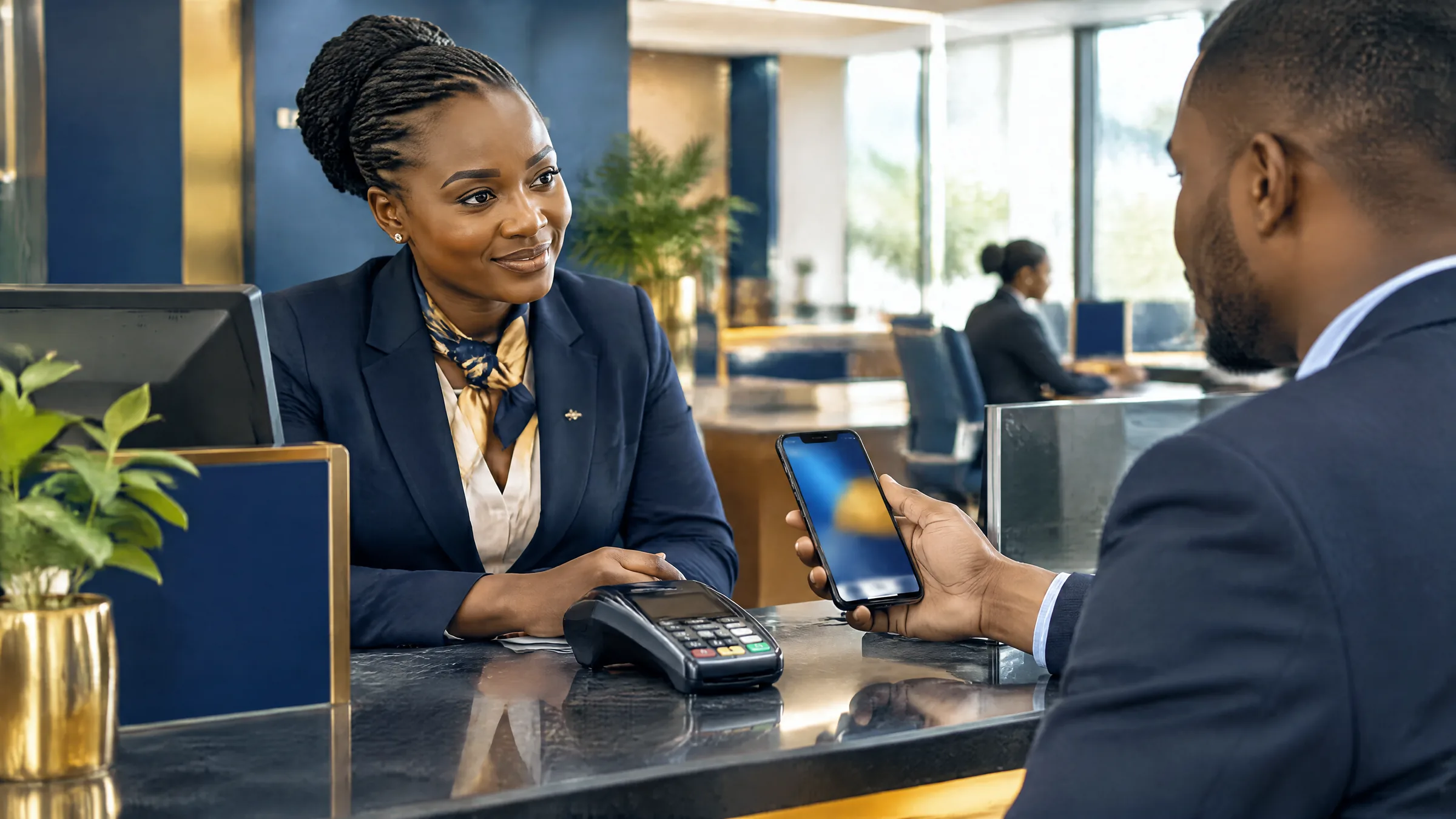 A bank manager and a customer with a smartphone at a counter in a Zambian banking hall, representing Bank of Zambia cyber risk guidelines and payment card security