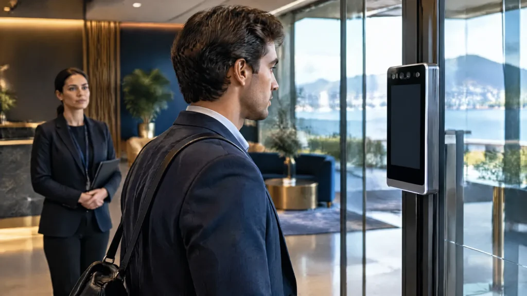 A facial recognition entry terminal in a New Zealand office lobby, illustrating the Biometric Processing Privacy Code.