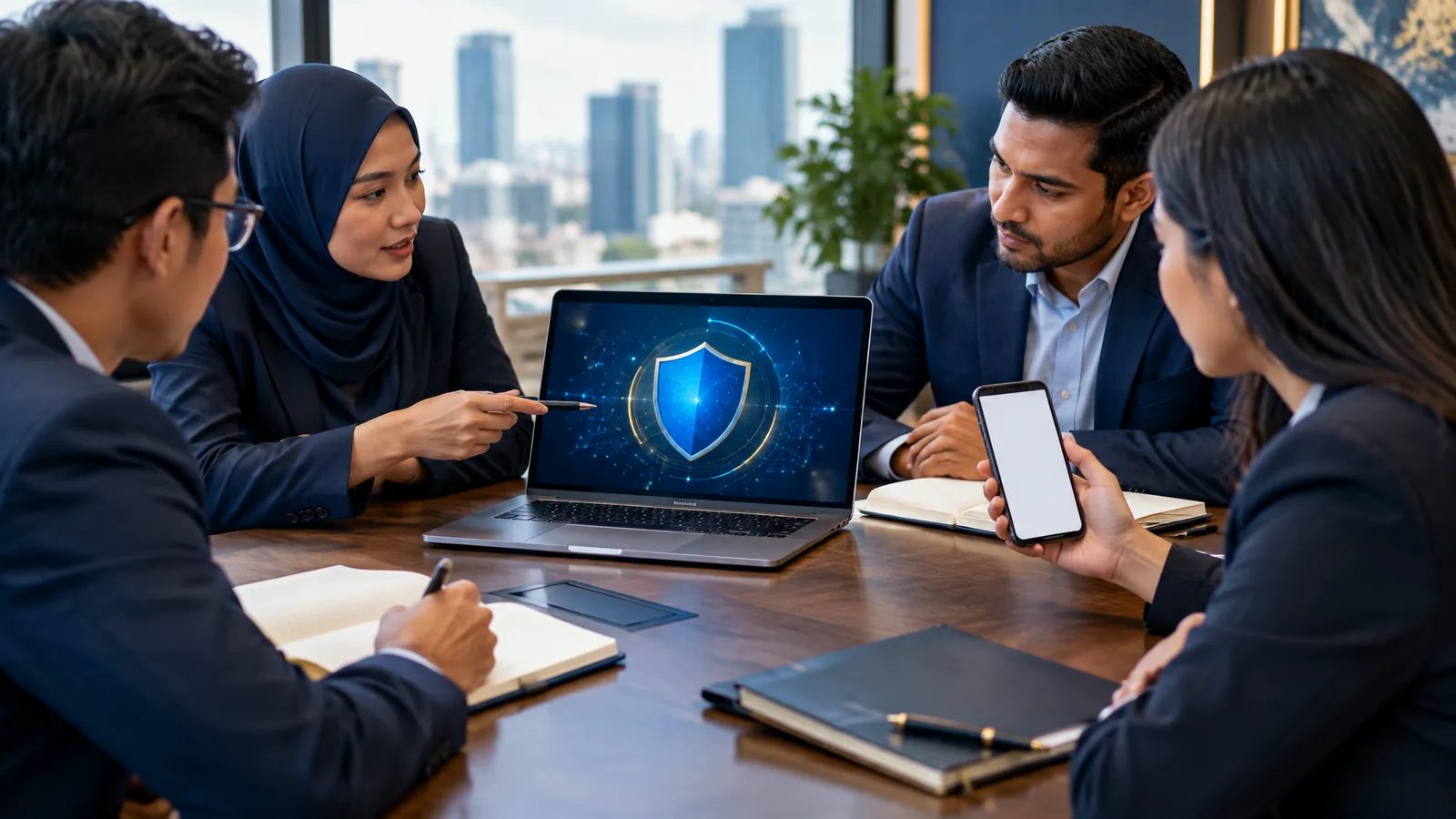 Bank technology risk team reviewing a laptop with a shield graphic and an authenticator phone, representing BNM RMiT training