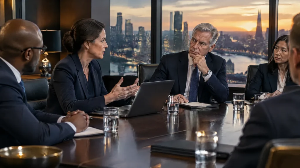 A board risk committee debates risk appetite for AI-driven decisions around a boardroom table.