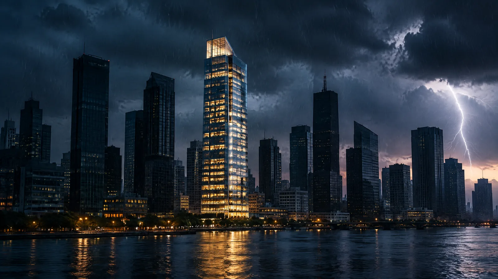 City skyline in a storm with one office tower fully lit while others are dark, representing business continuity management consulting and resilience