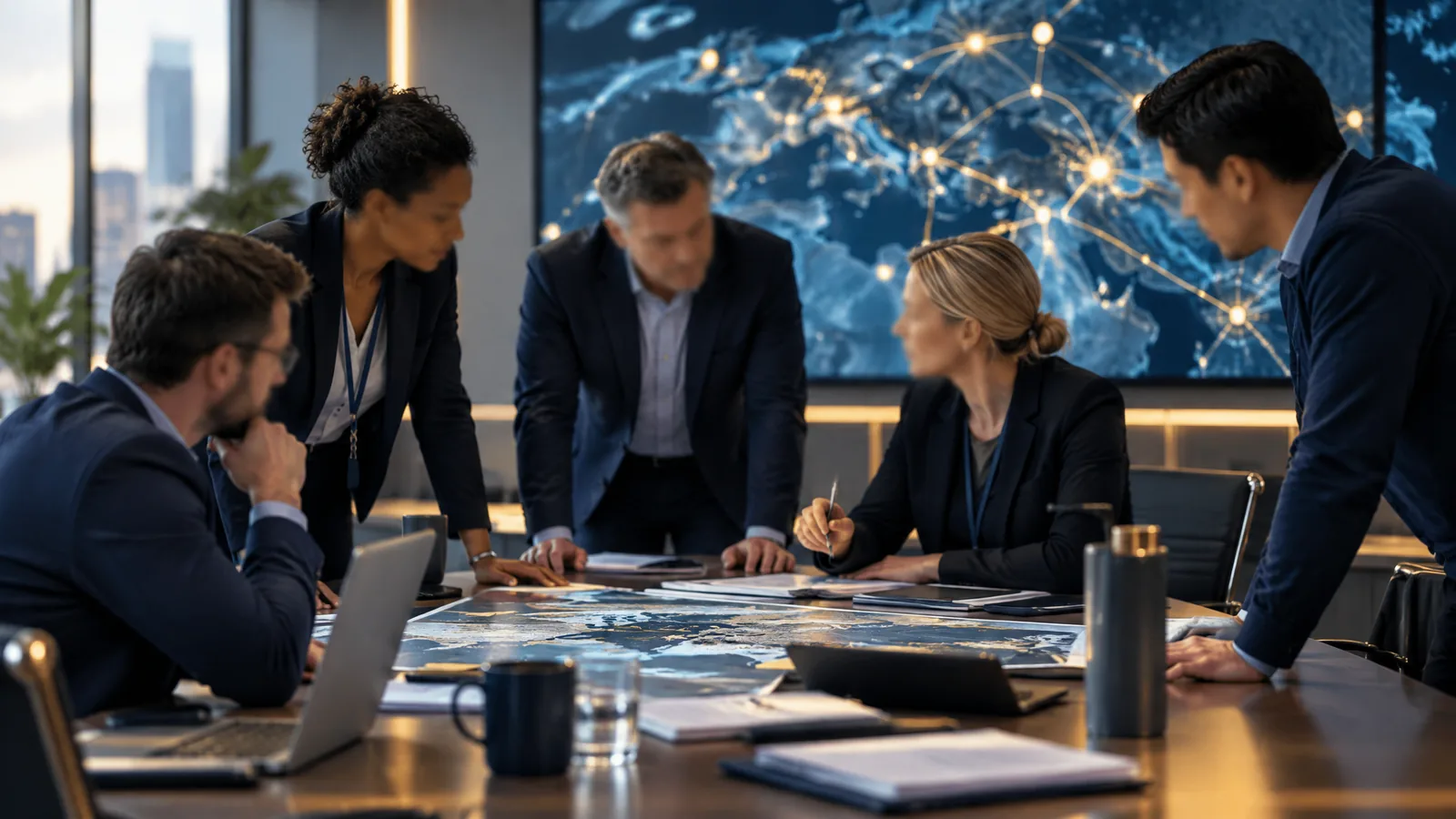 Crisis management team around a table in an operations room with an abstract map on screen, representing a business continuity tabletop exercise