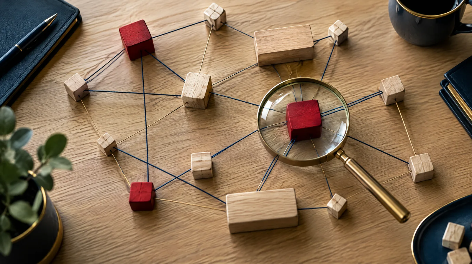 Wooden blocks connected by threads with critical blocks painted red and a magnifying glass, representing business impact analysis and dependency mapping