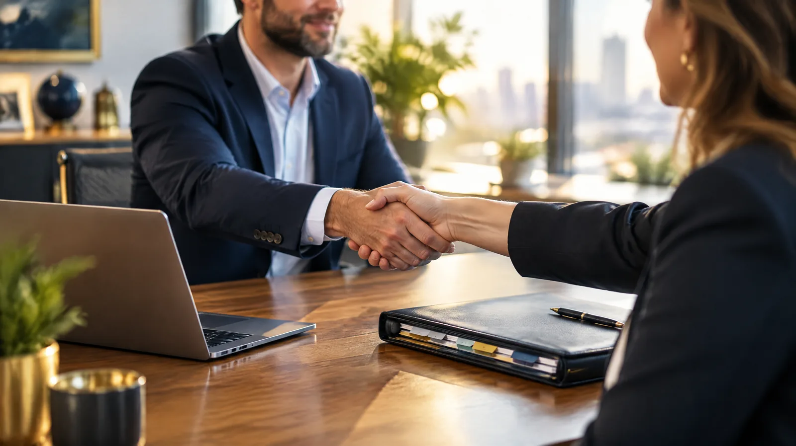 Consultant and business owner shaking hands across a meeting table, representing choosing a trusted cyber security consultant