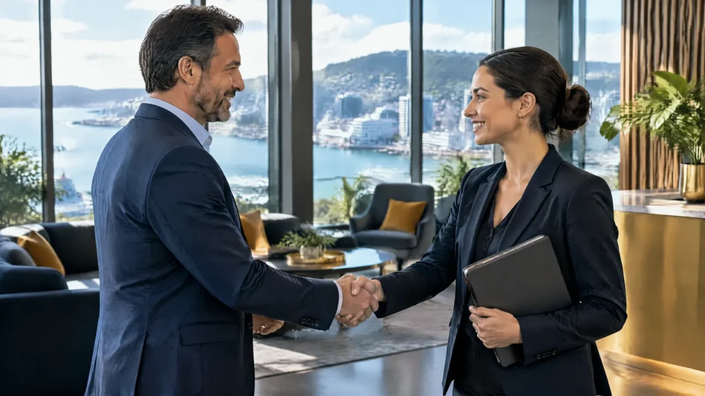 A New Zealand business owner meets a cyber security consultant to discuss an engagement.