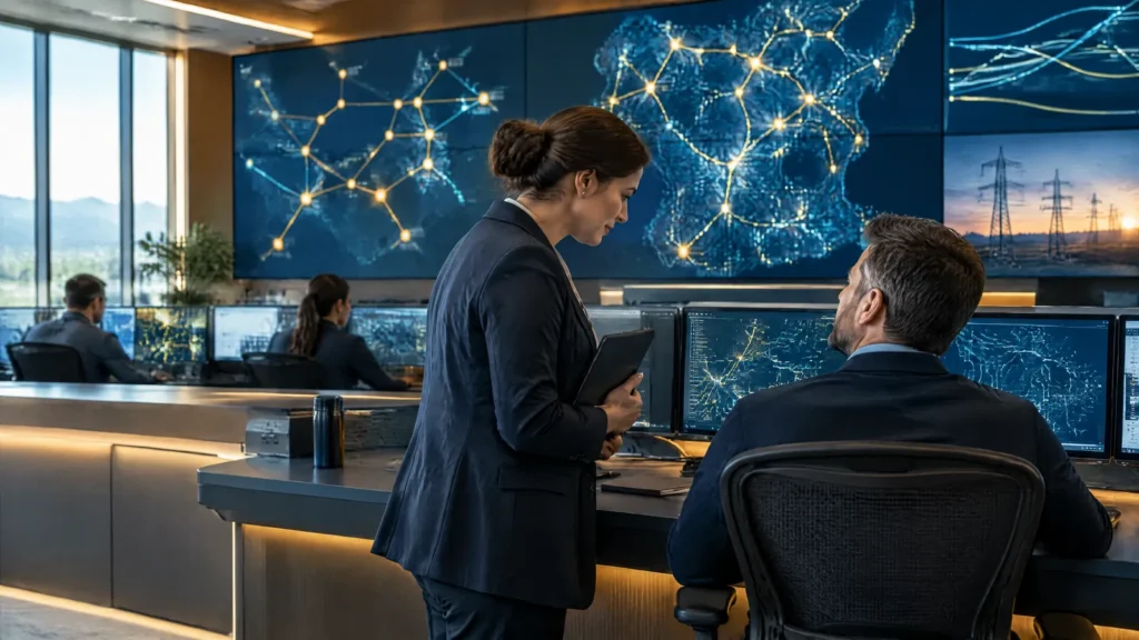 Operators and a compliance manager in an electricity grid control room, illustrating CIRMP obligations for critical infrastructure.