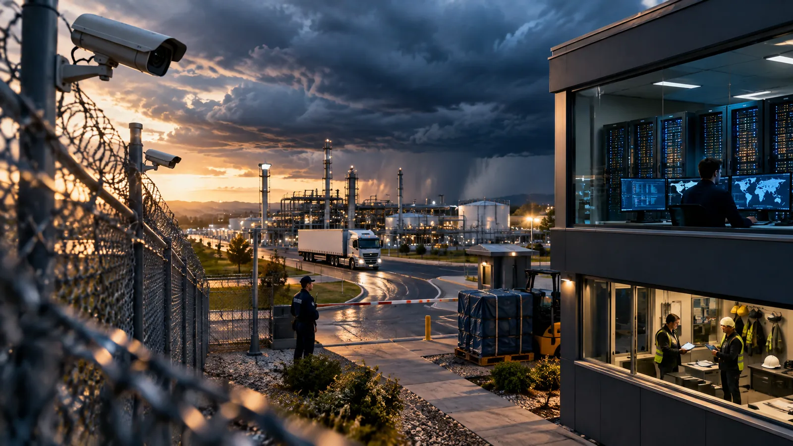 Critical infrastructure facility with a secure perimeter fence and a control building under storm clouds, representing the four CIRMP hazard domains