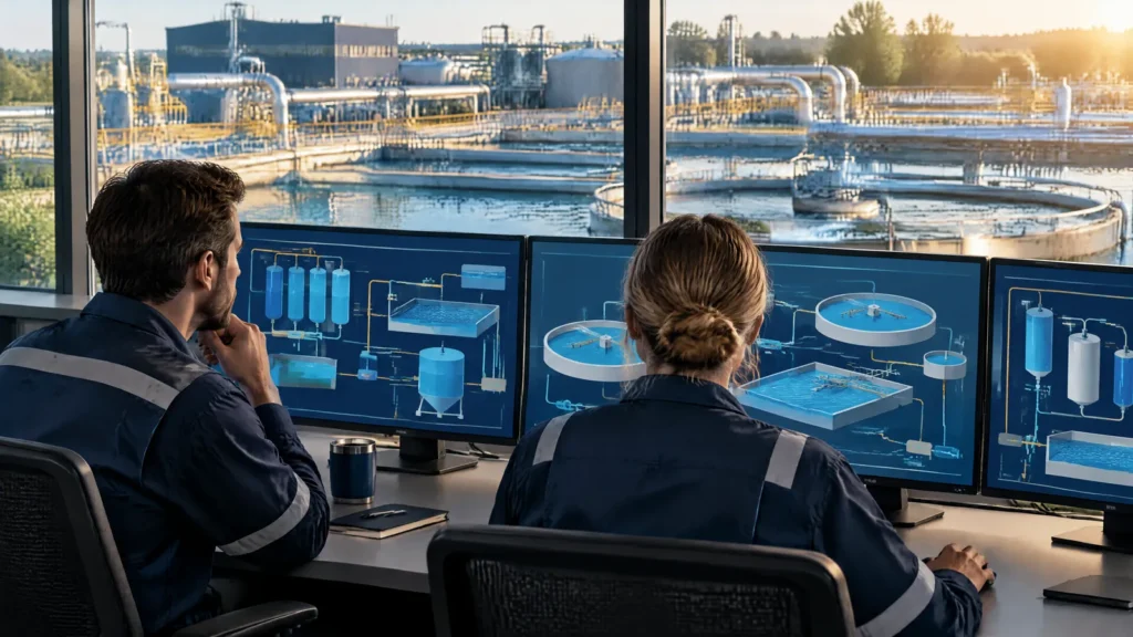 Engineers in a water treatment control room, illustrating CIS Controls in critical infrastructure.