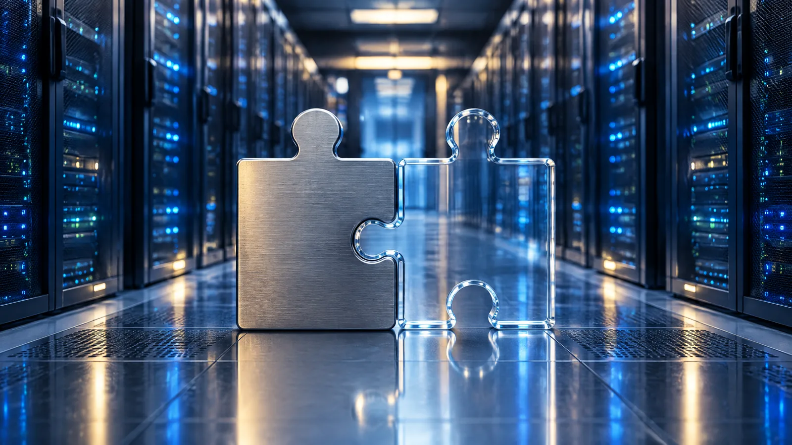 Steel and glass puzzle pieces fitted together in a data centre aisle, representing the cloud shared responsibility model
