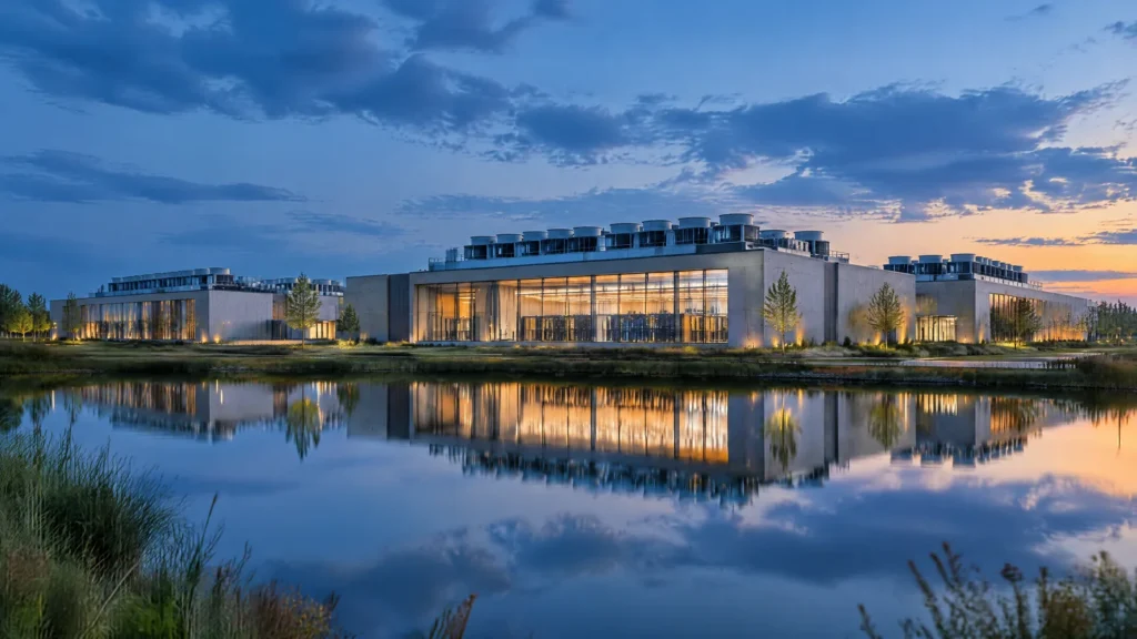 A modern data centre campus at blue hour, representing cloud security for business.