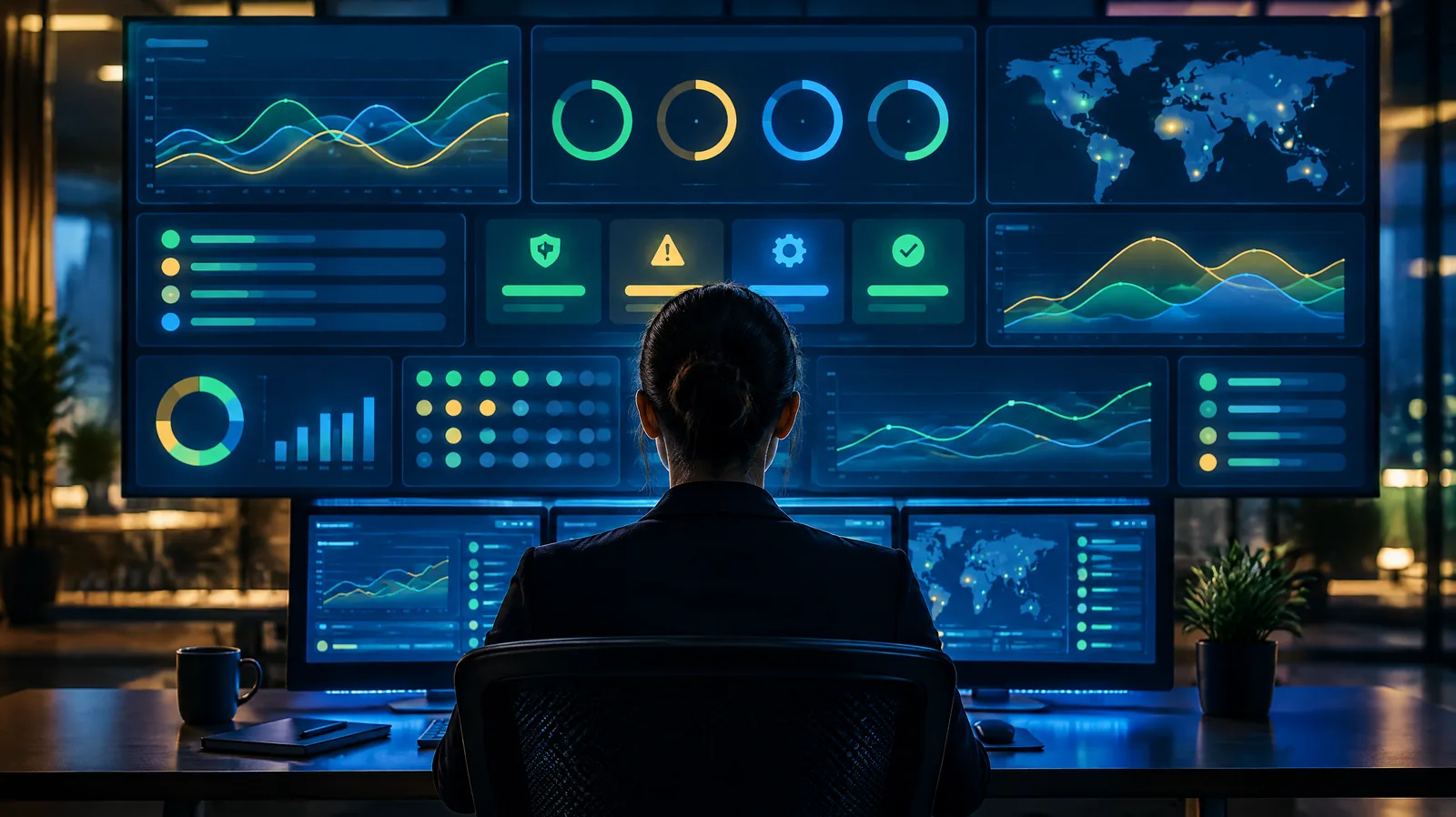 Analyst silhouette in front of a wall of abstract compliance dashboards, representing continuous compliance monitoring
