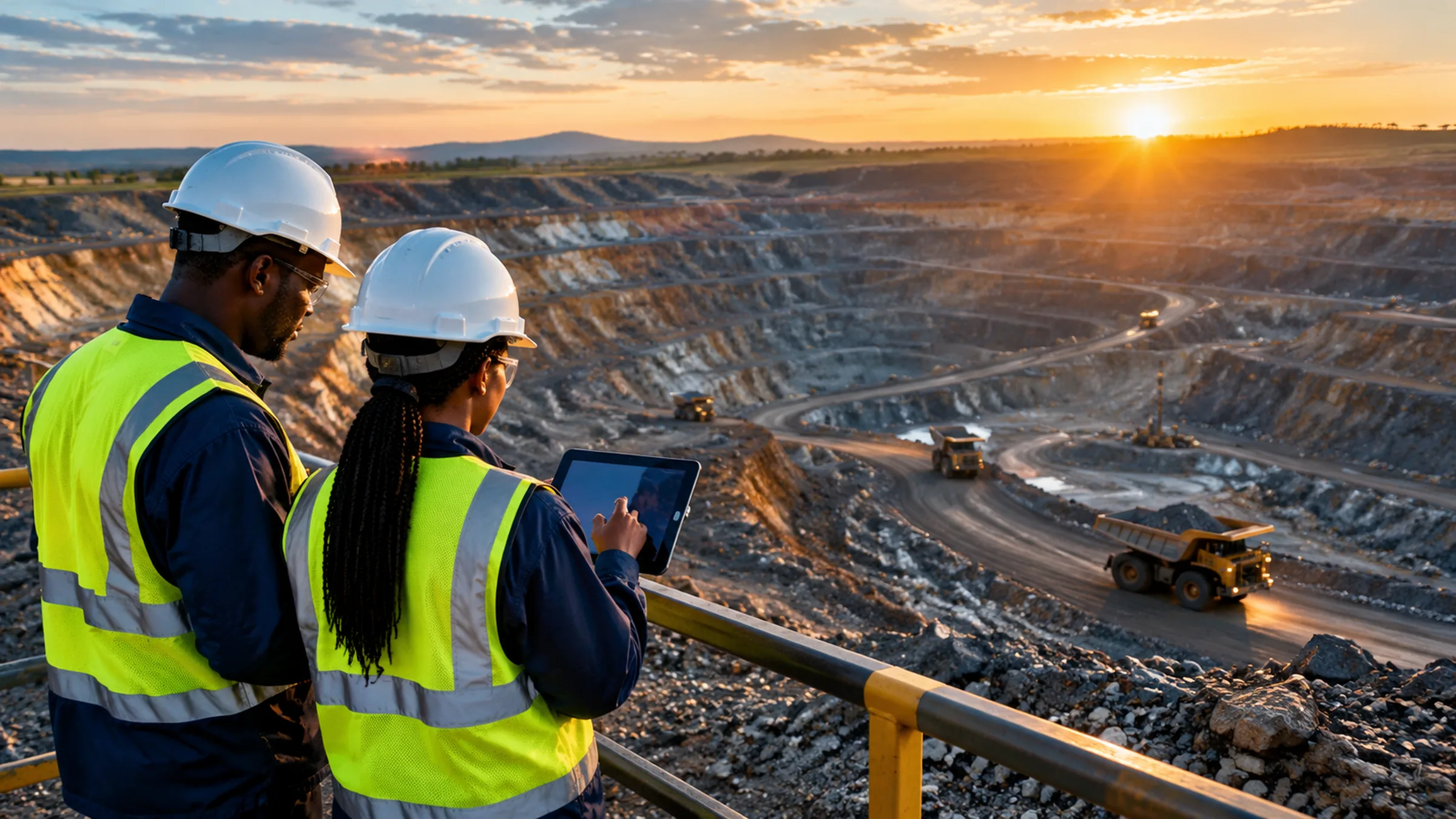 Safety officers reviewing a tablet above a terraced open-pit copper mine on the Zambian Copperbelt at sunrise, representing ISO 45001 and operational security for Zambian copper mines