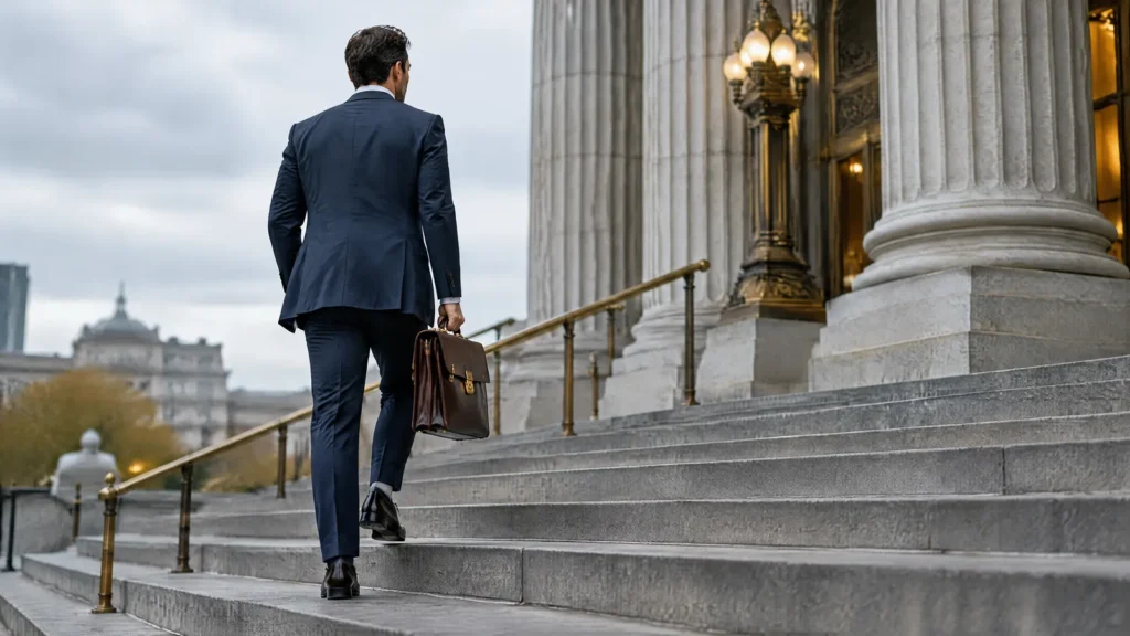A lawyer walks up courthouse steps, illustrating the court injunction after the ManageMyHealth breach.