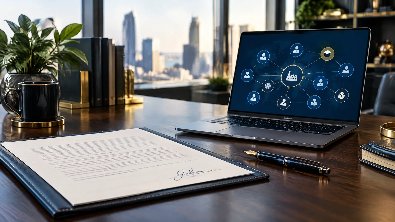 Signed service agreement beside a laptop showing a network of supplier nodes, representing material service provider management under CPS 230