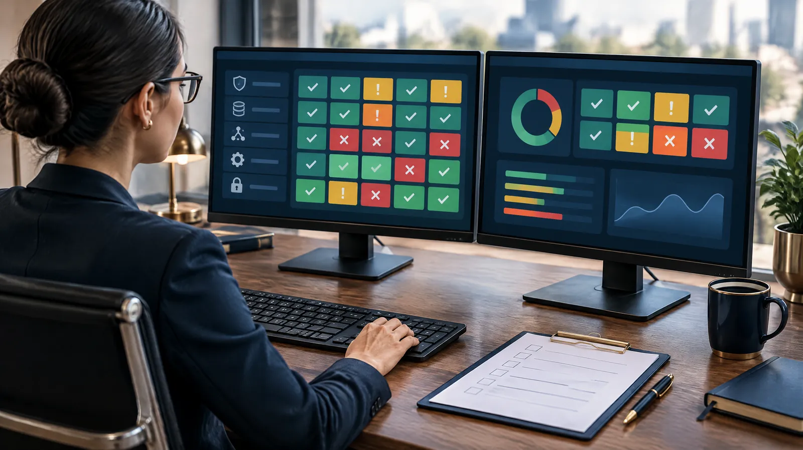 Security tester reviewing coloured control test results on two monitors, representing independent CPS 234 control testing