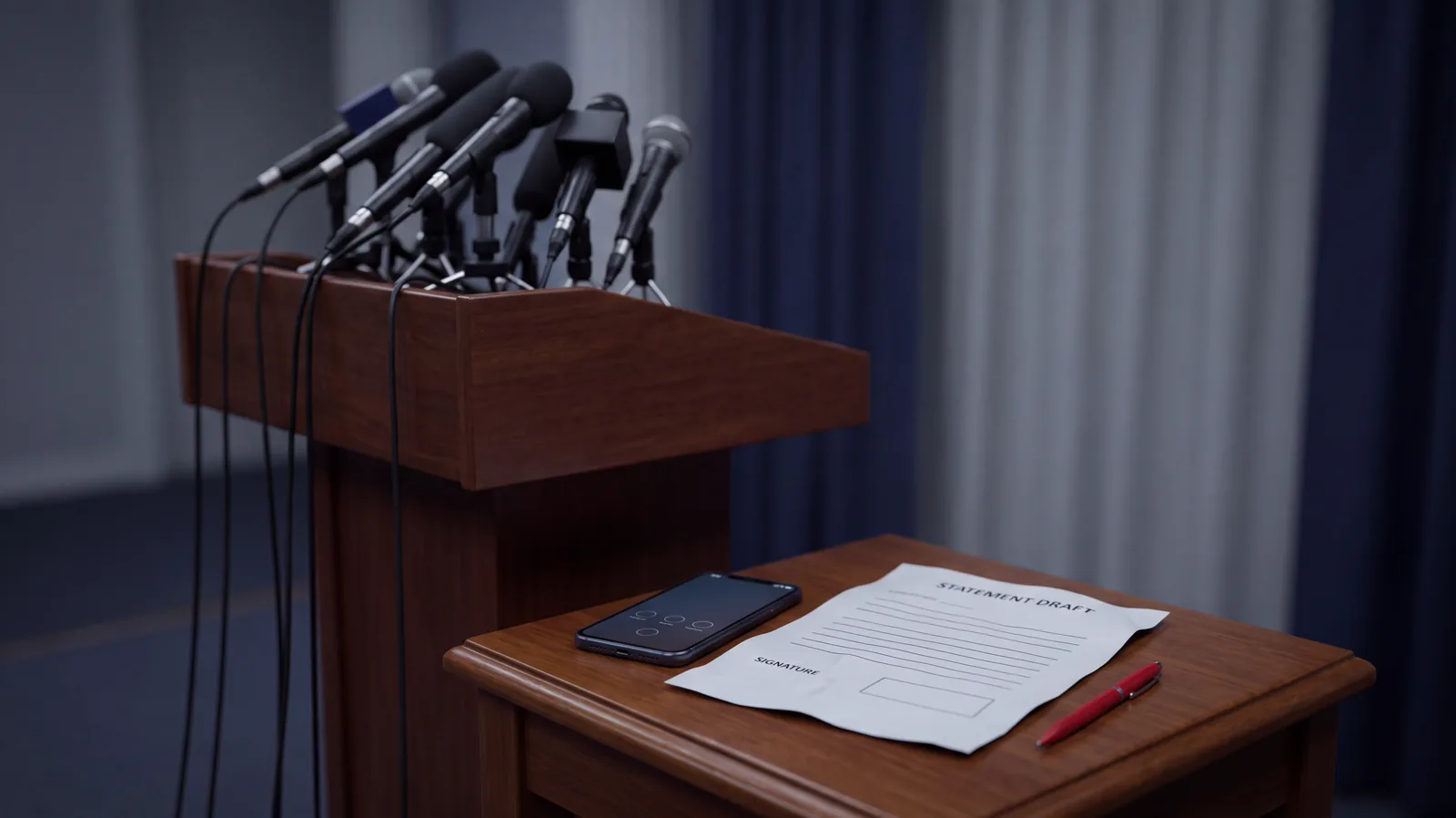 An empty press briefing podium with microphones, and a draft statement with a blank signature box beside a smartphone and a red pen