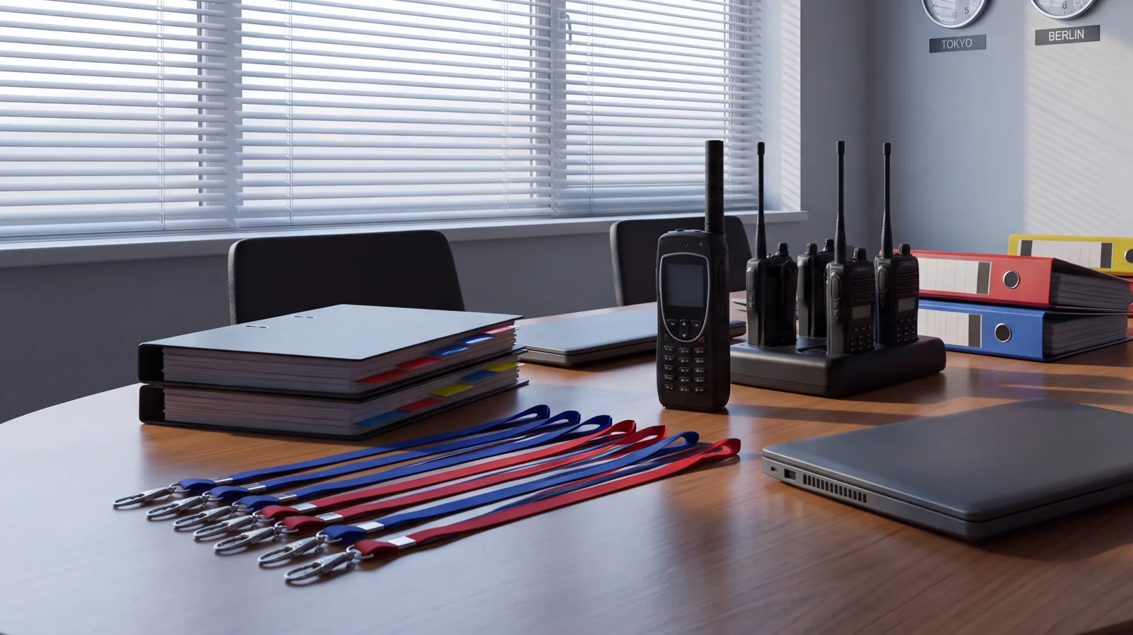 An empty crisis management room ready for use, with two-way radios and a satellite phone on charging docks, tabbed binders and lanyards on the table