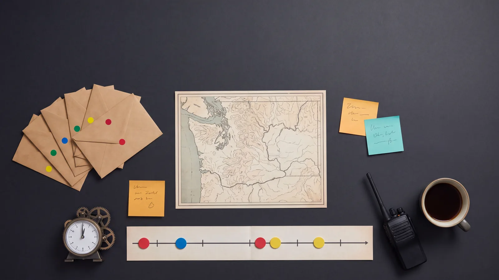 Overhead view of a crisis tabletop exercise: sealed inject envelopes, a countdown timer, a regional map and coloured tokens on a printed timeline