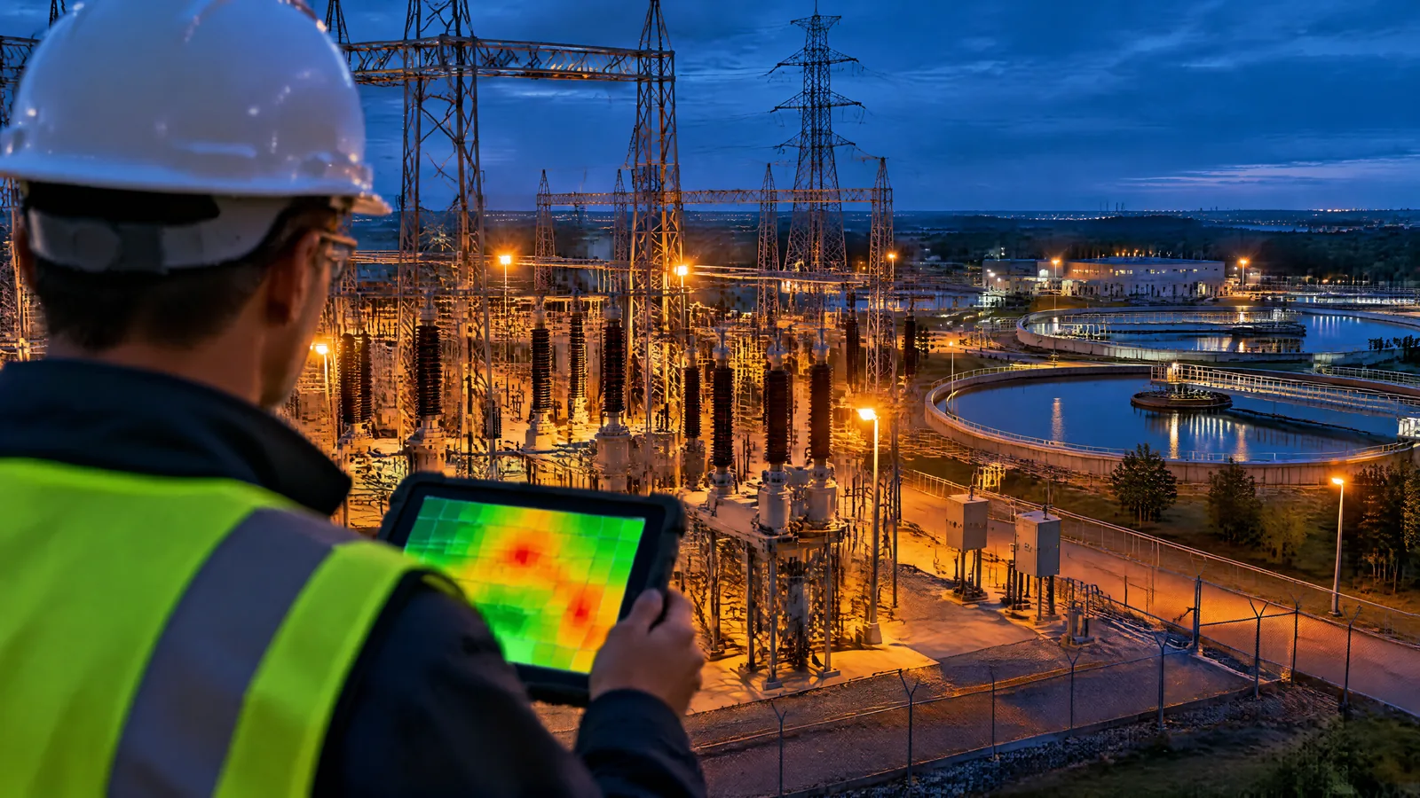 Inspector with a tablet showing a risk heat map at an electrical substation at dusk, representing critical infrastructure security assessment