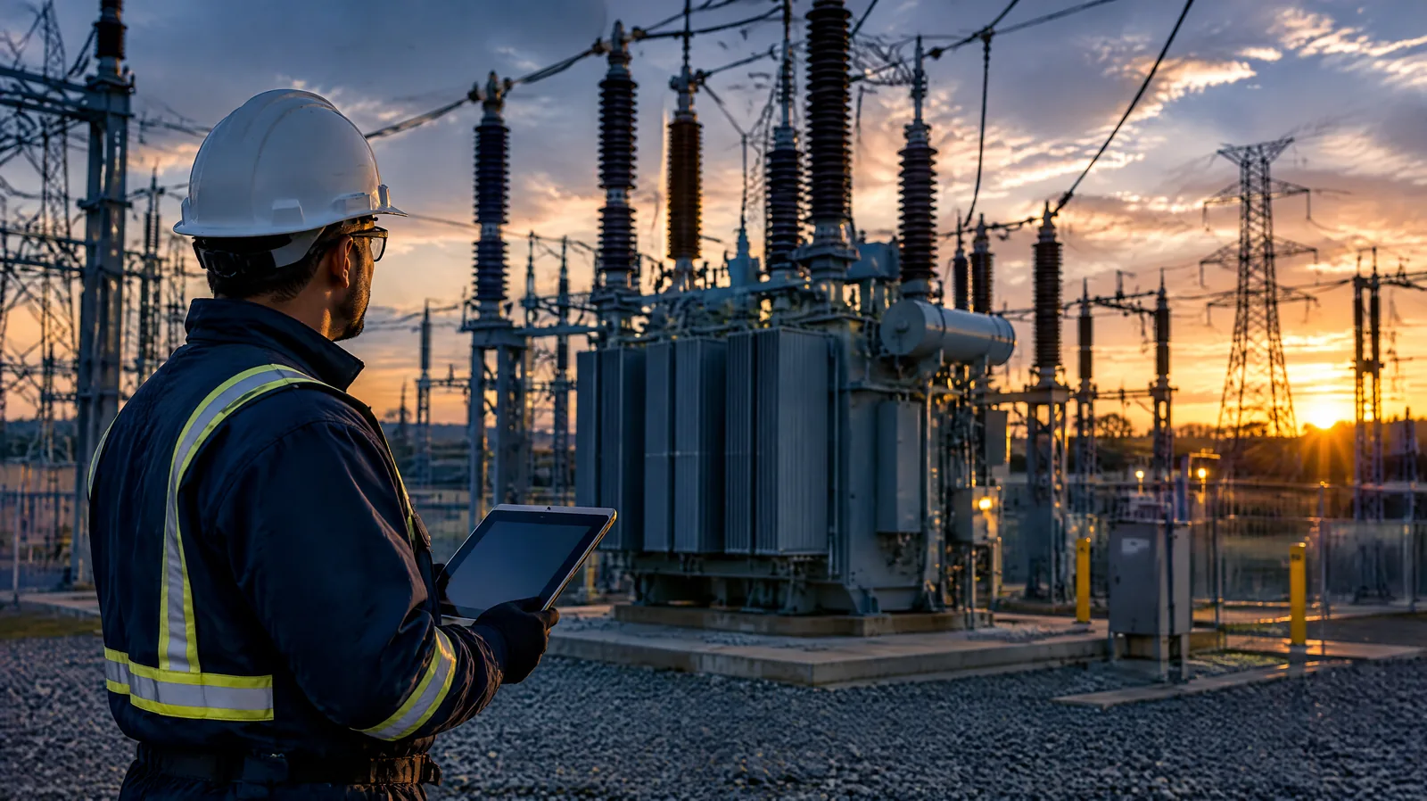Electricity substation at dusk with a technician holding a tablet, representing critical infrastructure security training
