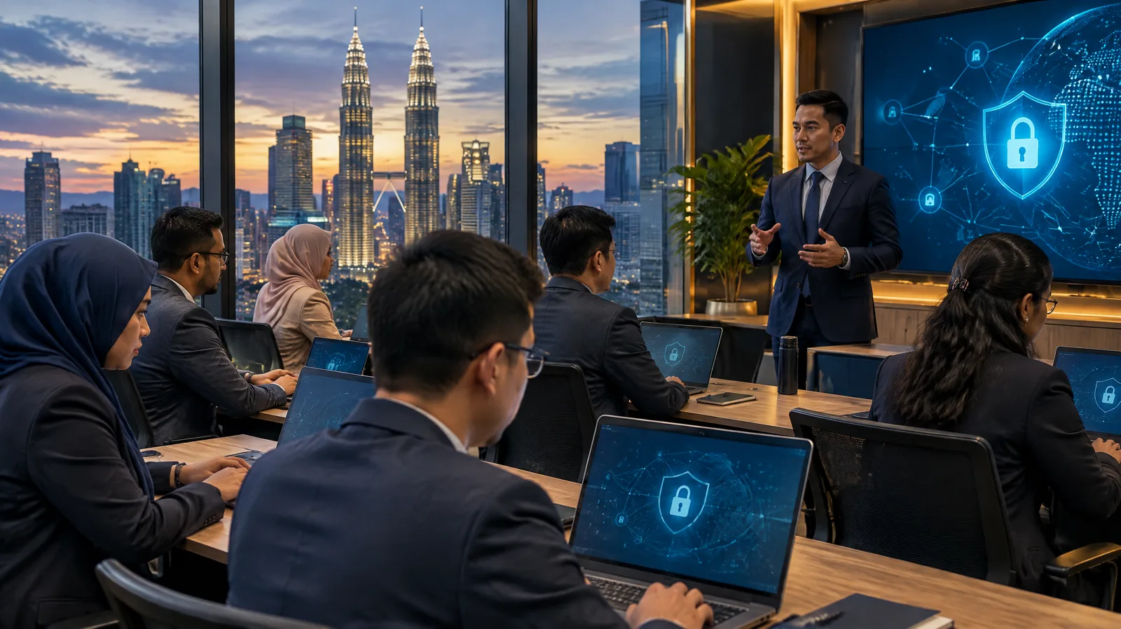 Malaysian professionals at laptops in a Kuala Lumpur office with twin towers at dusk, representing Cyber Security Act 2024 training in Malaysia
