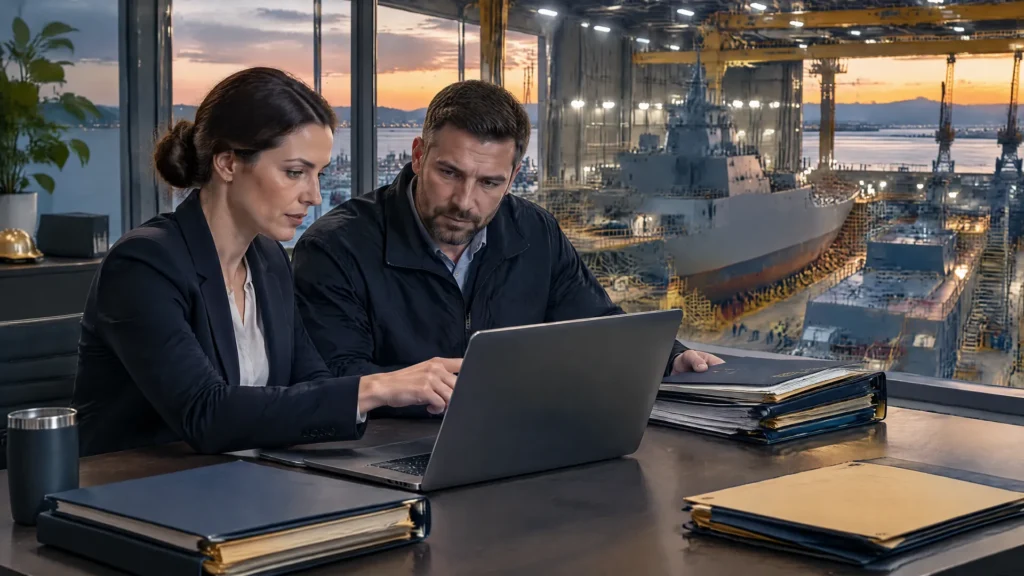 Auditor and security manager comparing a controls checklist beside a naval shipbuilding hall in Adelaide