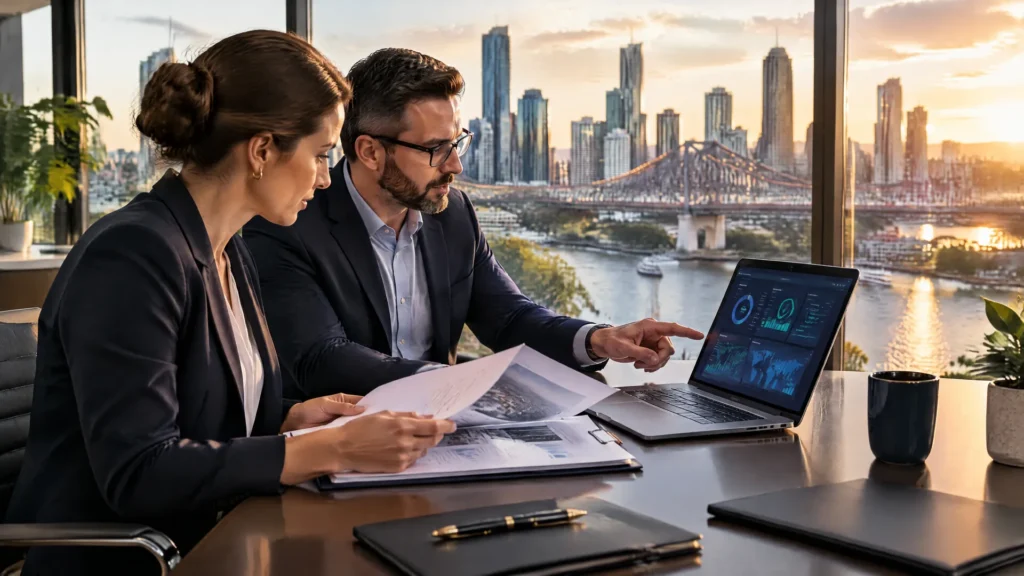 Auditor and IT manager reviewing evidence in a Brisbane office overlooking the Story Bridge and river