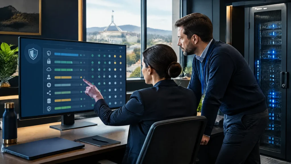 Security assessor and cloud engineer reviewing an Essential Eight maturity checklist in a Canberra office