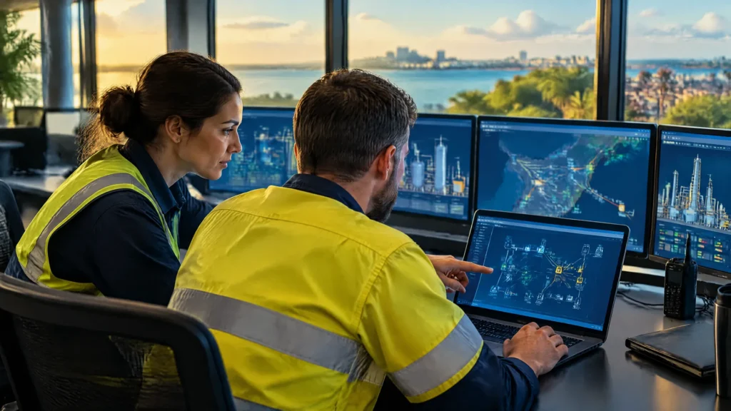 Auditor and operator reviewing network diagrams in a northern Australian energy facility control room