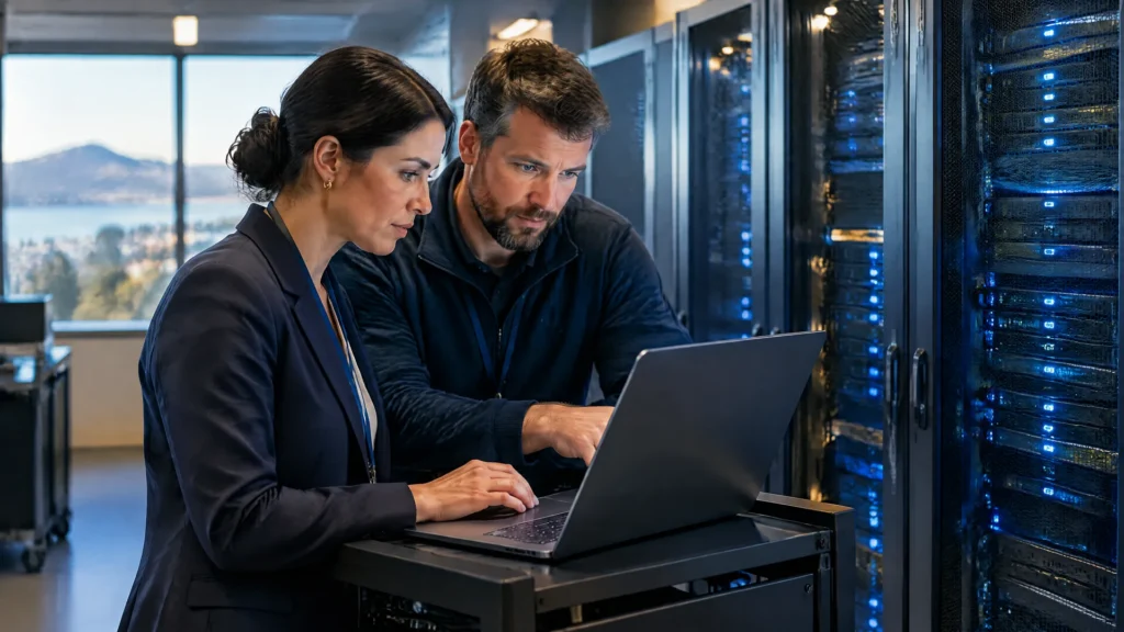 Auditor and systems administrator reviewing access permissions in a Dunedin research data centre