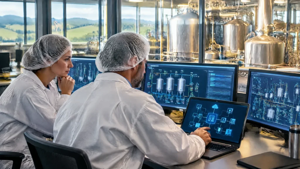 Auditor and plant engineer reviewing process screens in a Waikato dairy processing control room