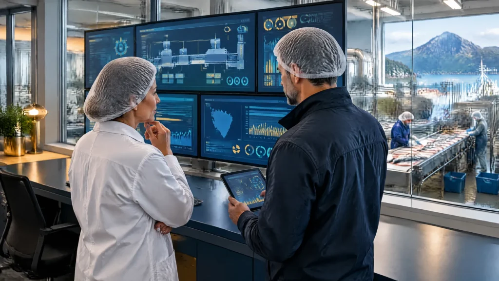 Quality manager and auditor reviewing process control screens in a Tasmanian seafood processing plant