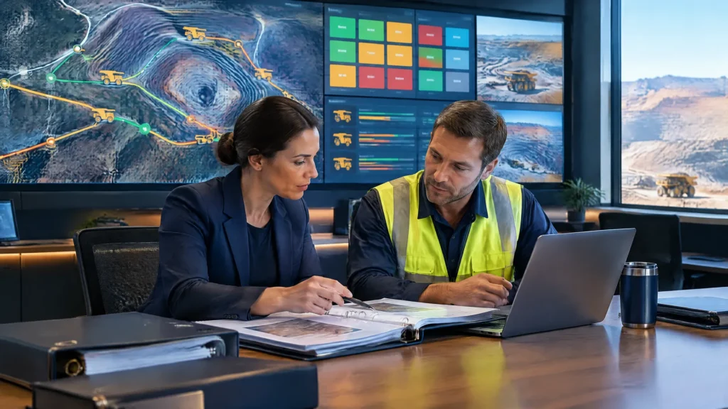 Auditor and site engineer reviewing evidence in a Perth mining operations centre during a cyber security audit