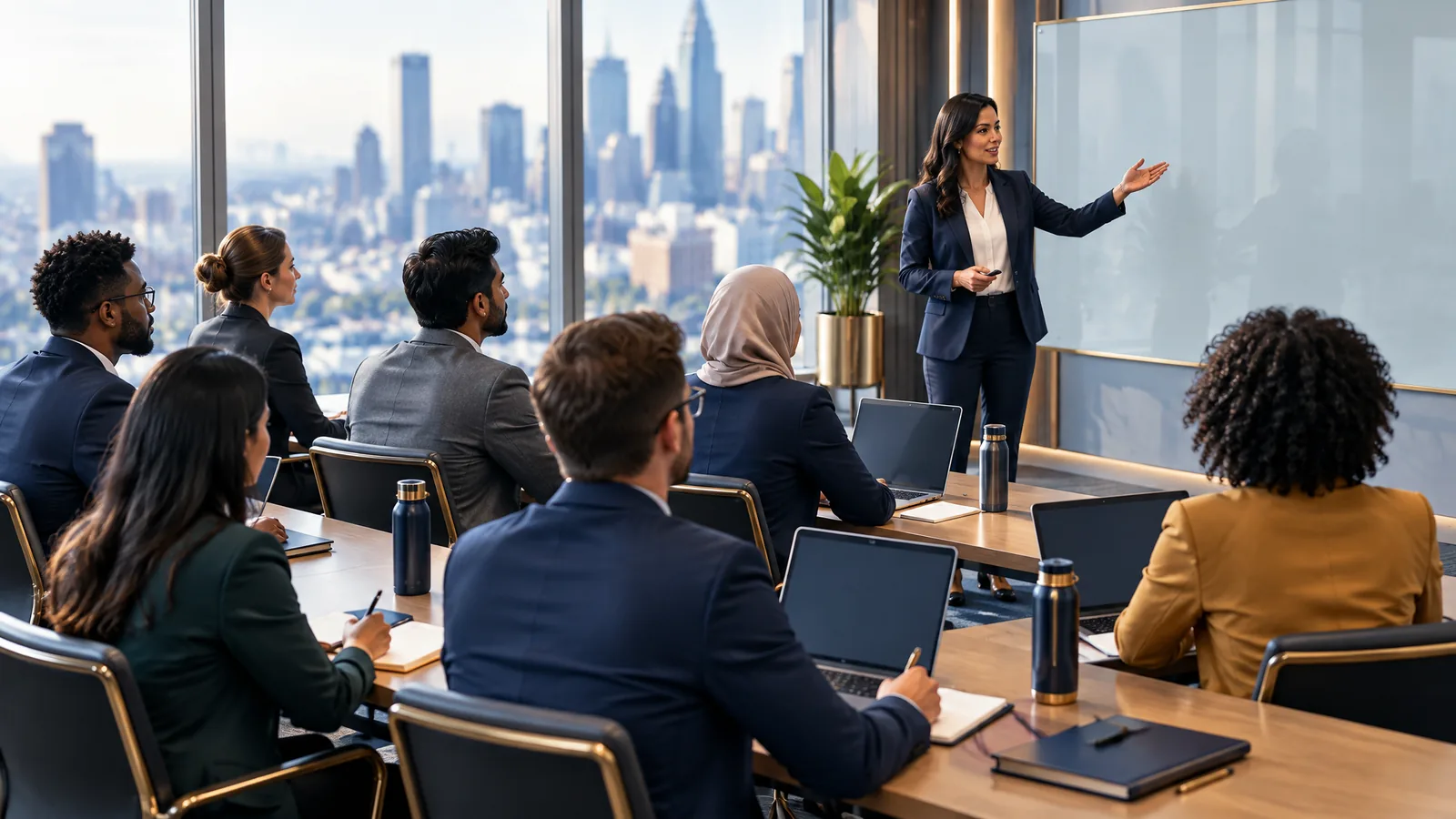 Trainer at a glass board leading professionals at laptops in a modern training room, representing cyber security and compliance training