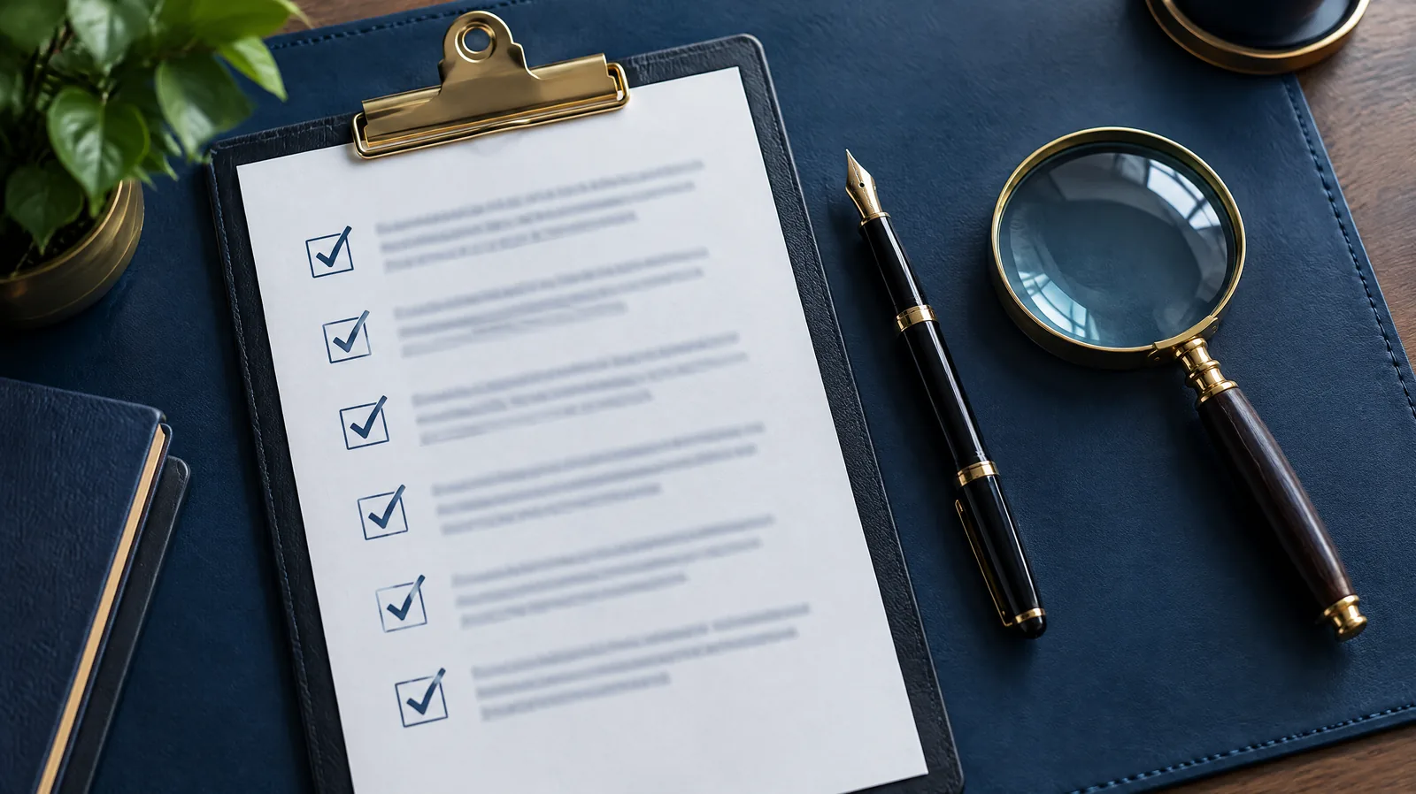 Clipboard with a ticked checklist, fountain pen and magnifying glass, representing evaluating a cyber security consultant
