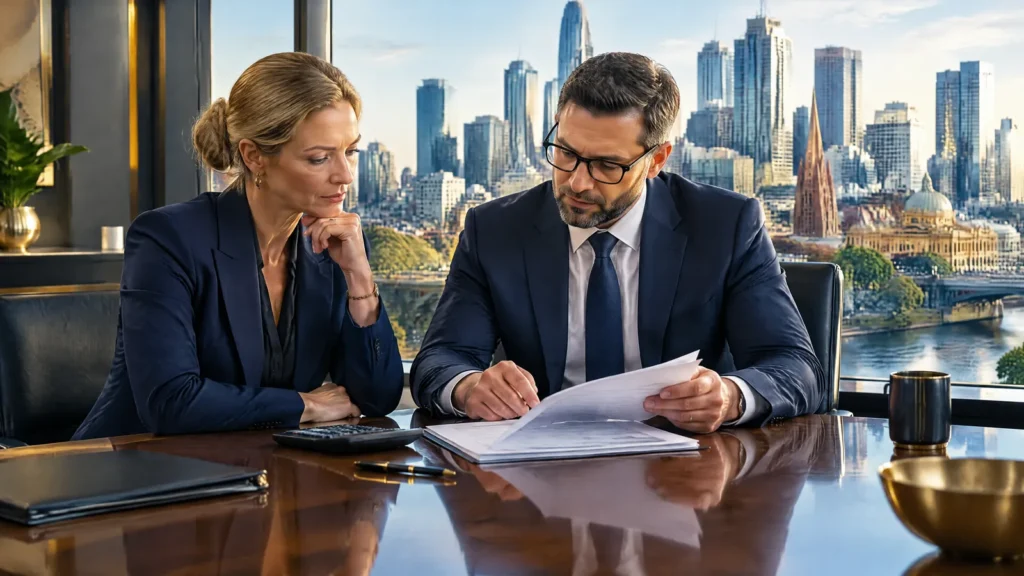 A CFO and a cyber security consultant review a consulting proposal in an Australian boardroom.