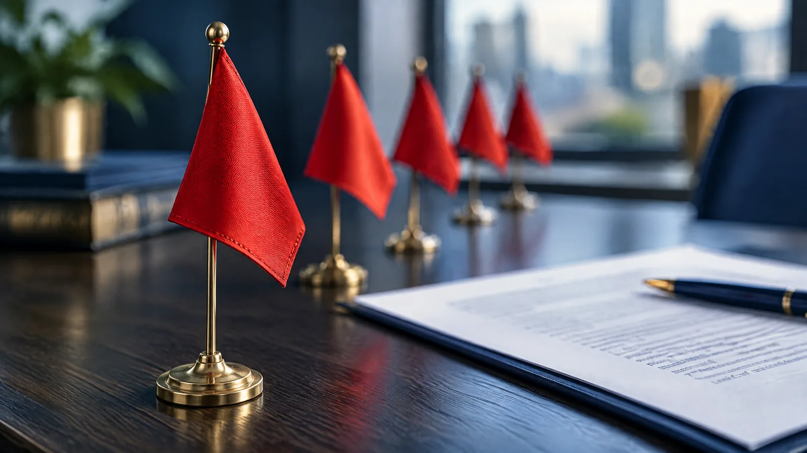 Red warning flags on a desk beside a contract, representing red flags when hiring a cyber security consultant