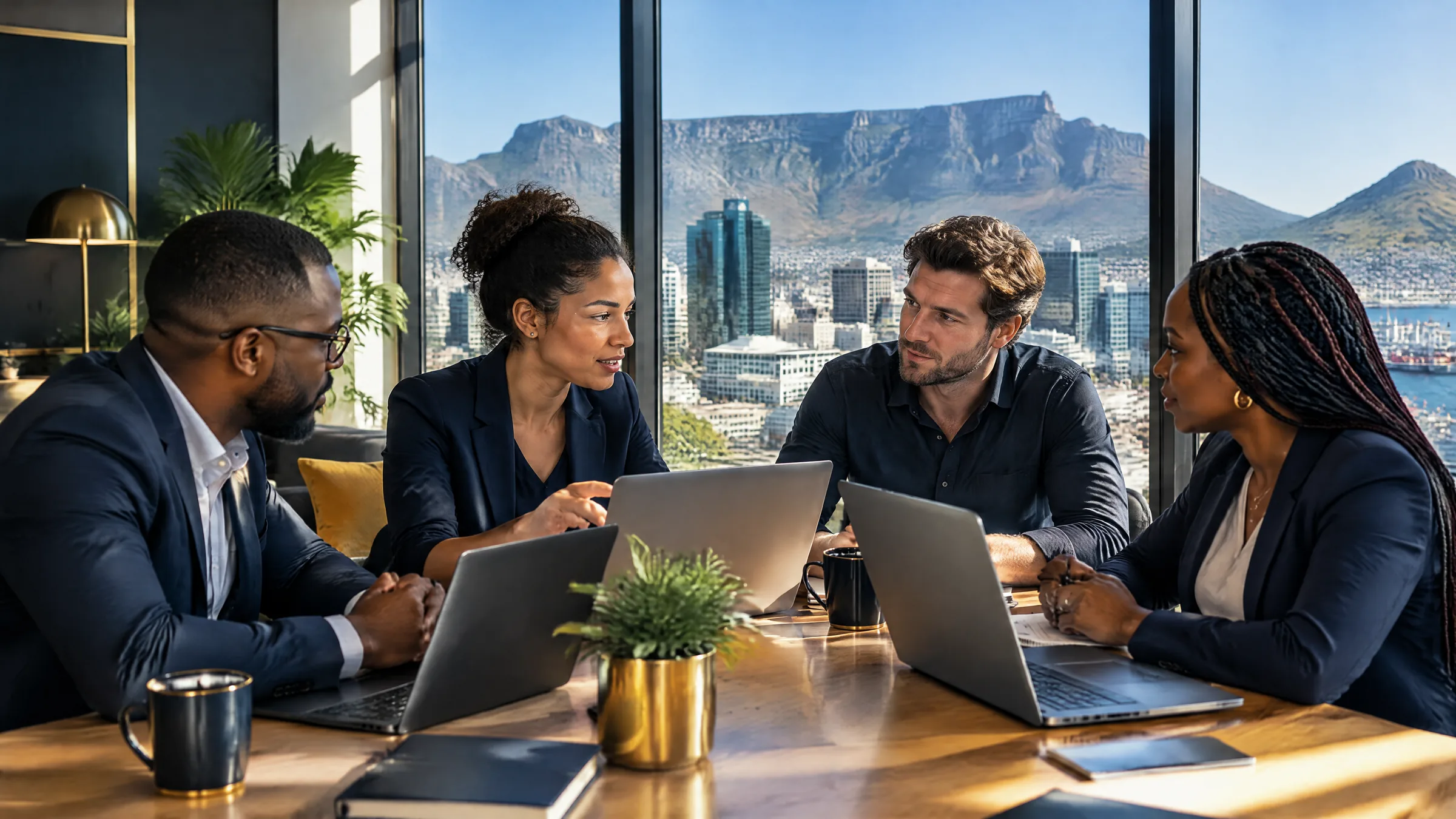 A consulting team around a table in a Cape Town office with Table Mountain visible through the windows, representing cyber security consultants in Cape Town