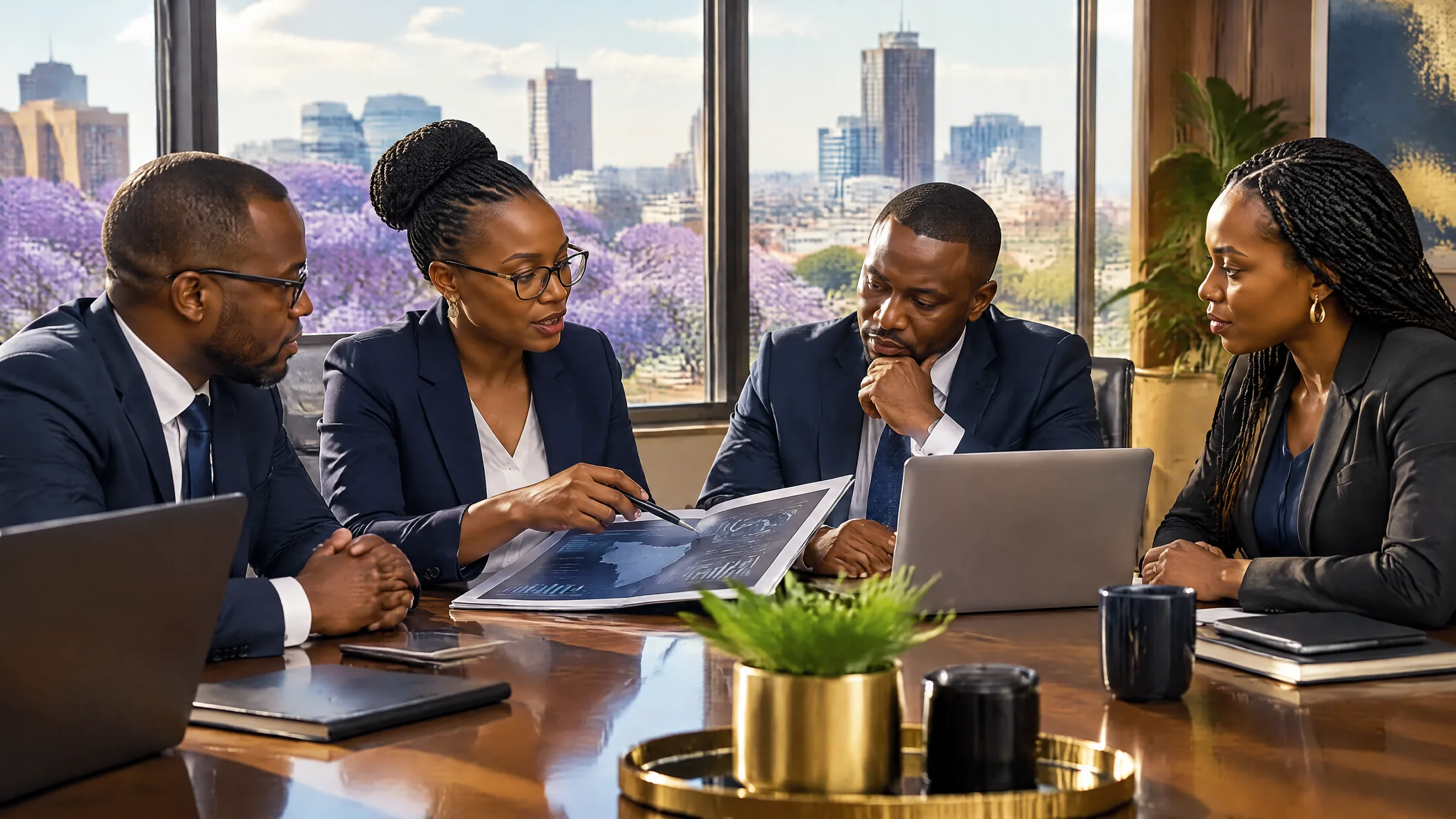 Zimbabwean professionals discussing a governance report in a Harare boardroom with jacaranda trees in bloom outside, representing cyber security and data protection consultants in Zimbabwe