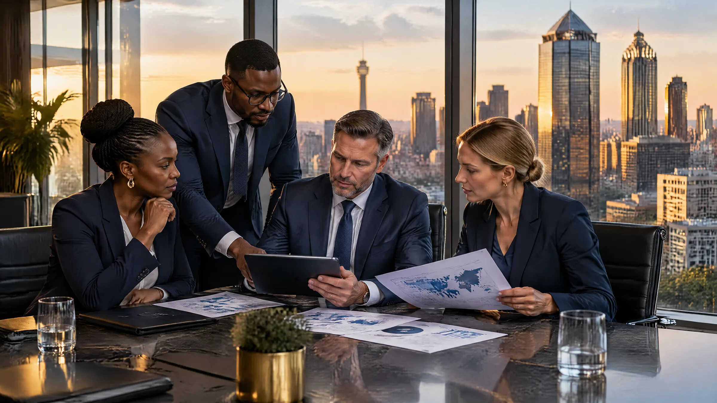 Executives in a Sandton boardroom reviewing a cyber risk report with the Johannesburg skyline behind them, representing cyber security consultants in Johannesburg