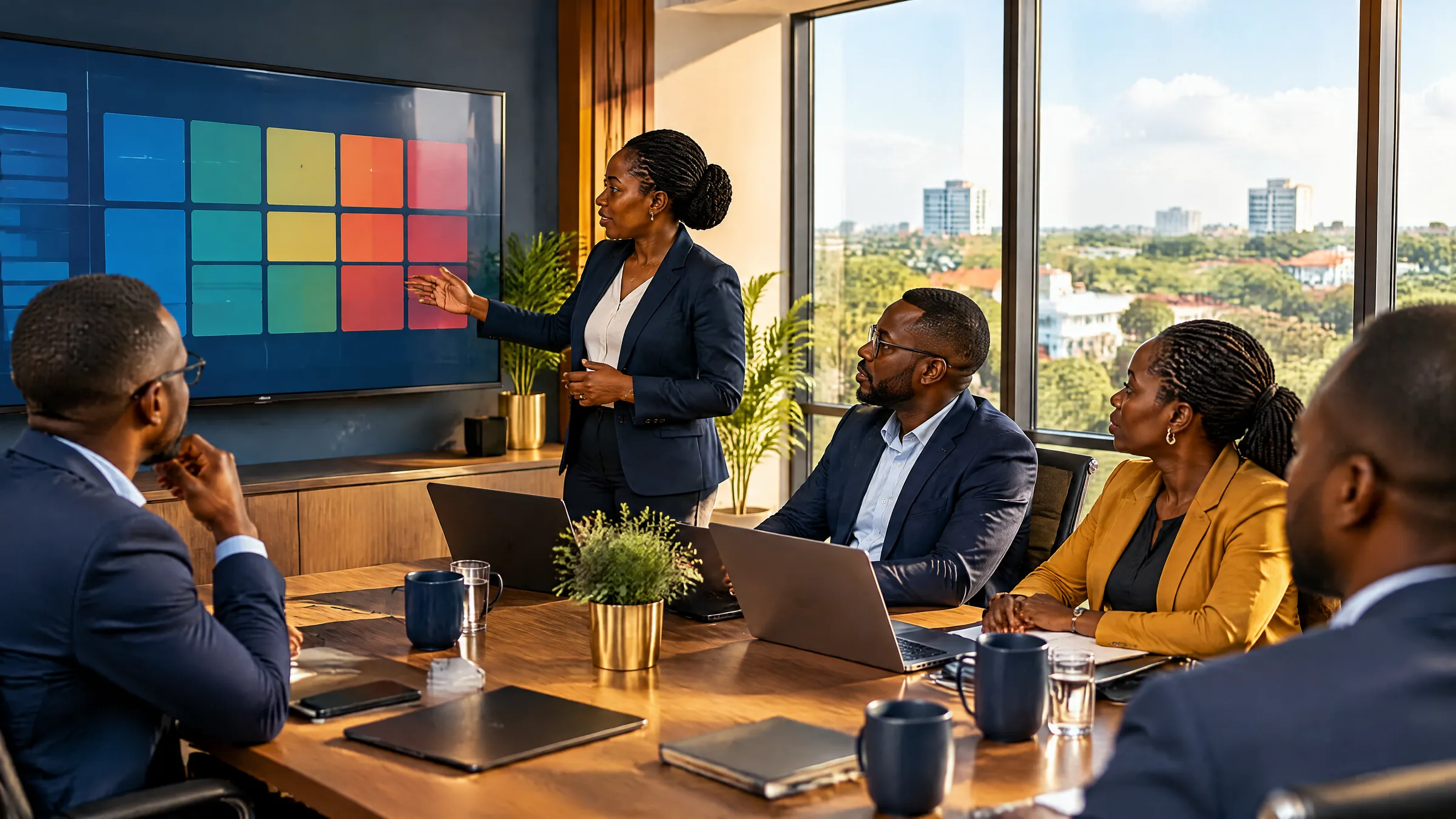 Zambian professionals reviewing a risk register on a large screen in a Lusaka office meeting room, representing cyber security and data protection consultants in Zambia