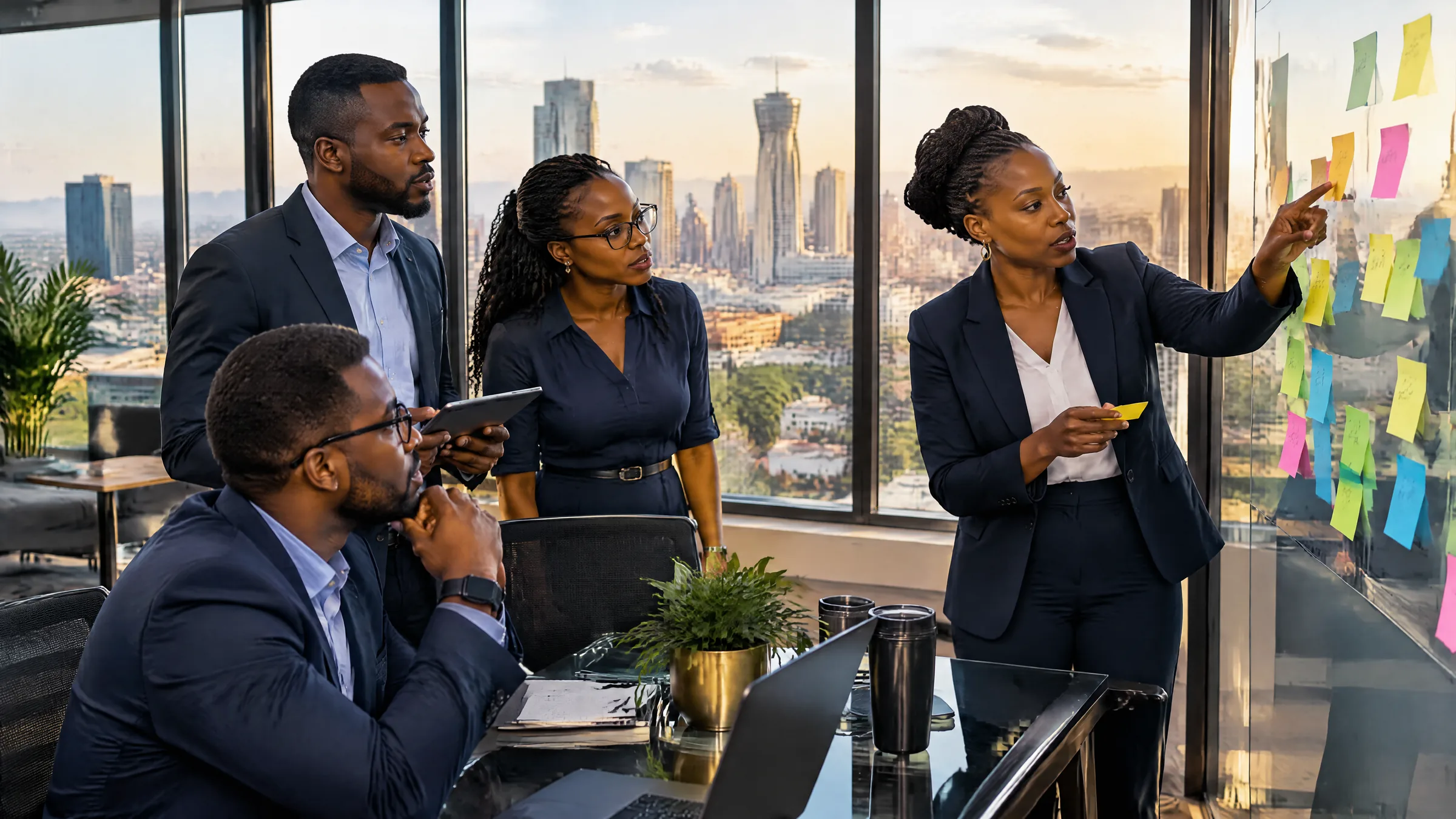 Kenyan professionals planning a compliance programme on a glass board in a Nairobi office, representing cyber security and data protection consultants in Nairobi
