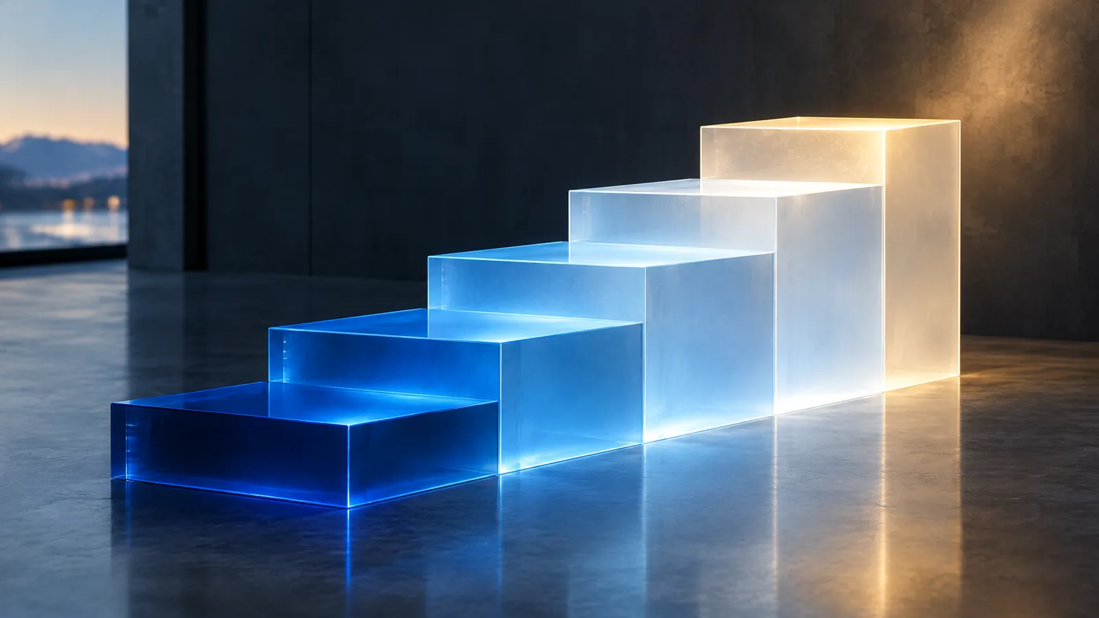 Translucent glass steps ascending and glowing brighter towards the top, representing a cyber security maturity assessment and maturity levels