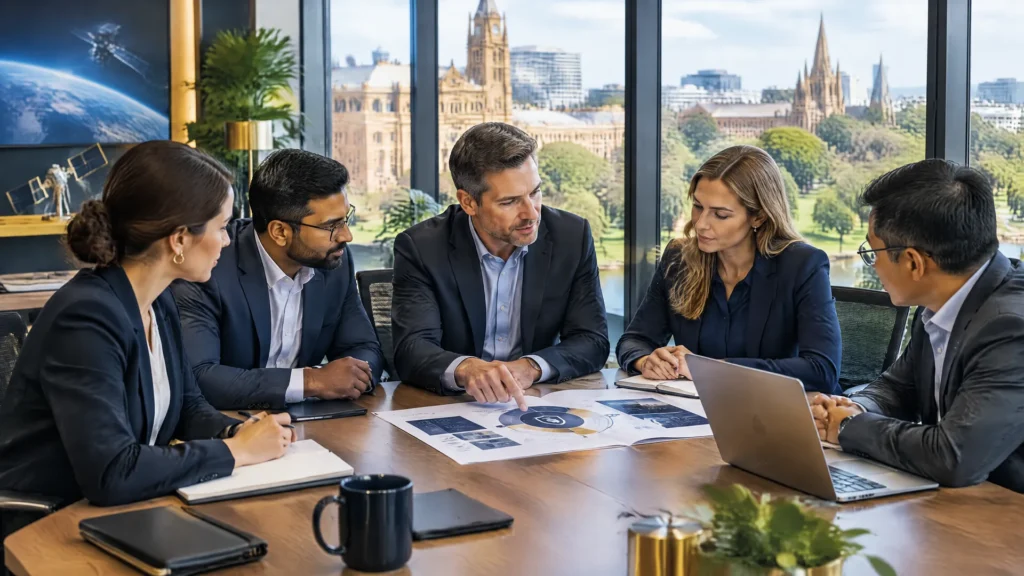 Leadership team discussing a cyber security framework in an Adelaide office overlooking heritage buildings