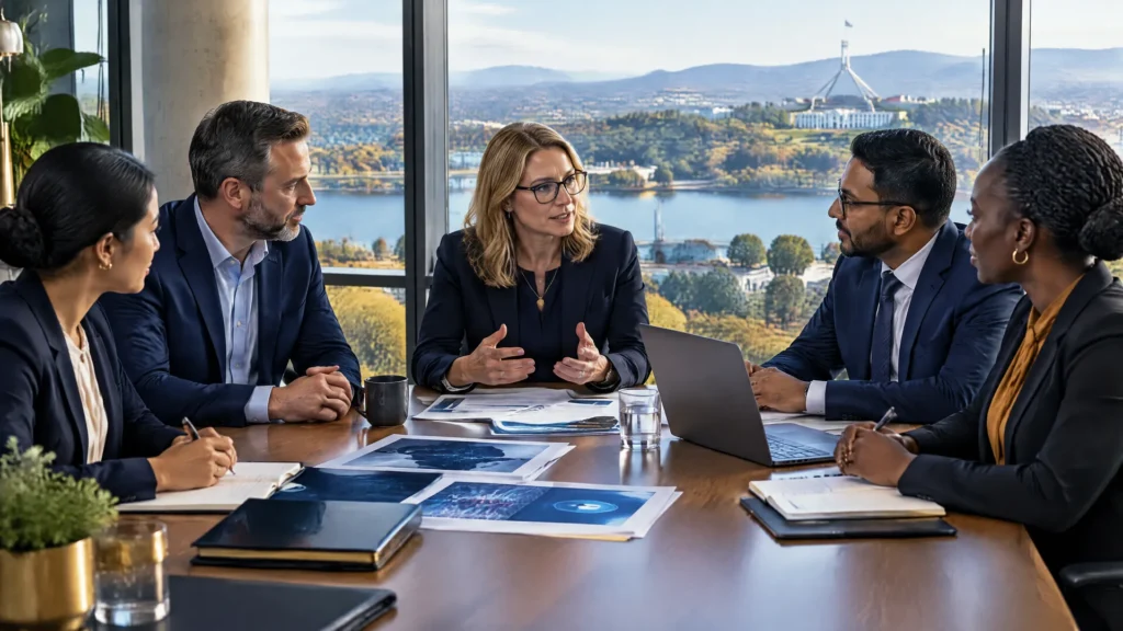 Public sector and industry professionals meeting in a Canberra office overlooking Lake Burley Griffin