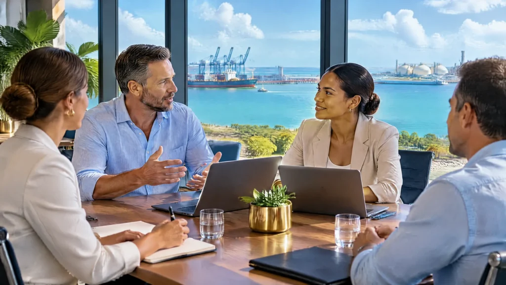 Business leaders meeting in a Darwin waterfront office with the harbour and port cranes in view