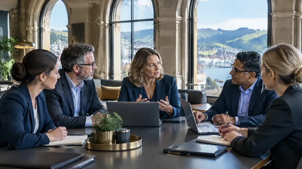 Leaders meeting in a converted heritage stone building in Dunedin with Otago Harbour in view