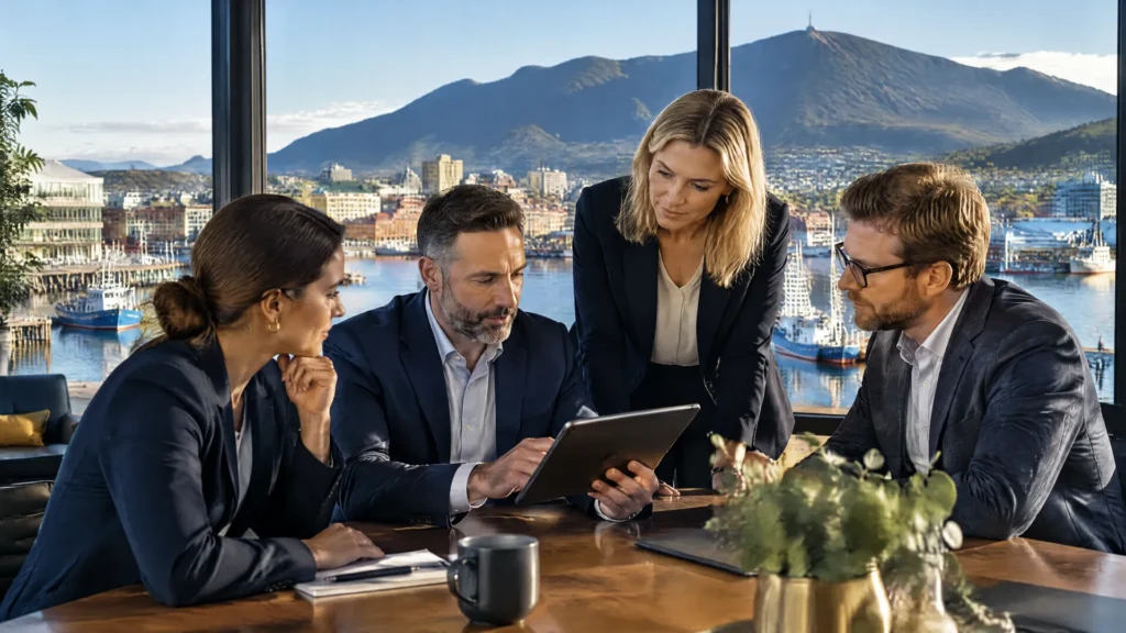 Team reviewing a cyber security plan in a Hobart waterfront office with kunanyi Mount Wellington behind
