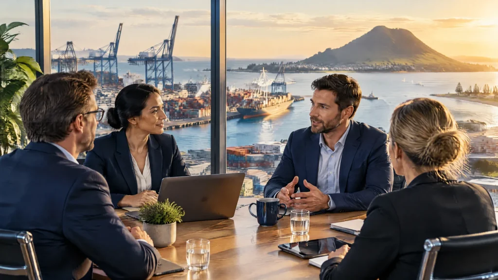 Business leaders meeting in a Tauranga harbourside office with the container port and Mount Maunganui behind