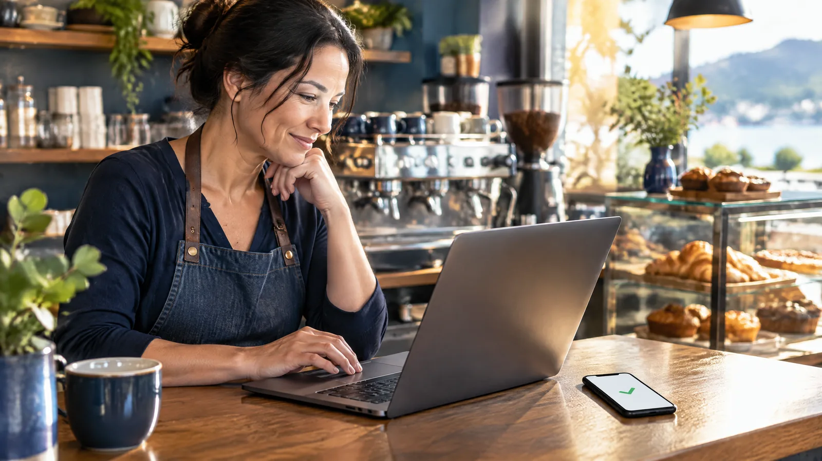Café owner checking a laptop at the counter with a phone showing a green check, representing cyber security for small businesses in New Zealand